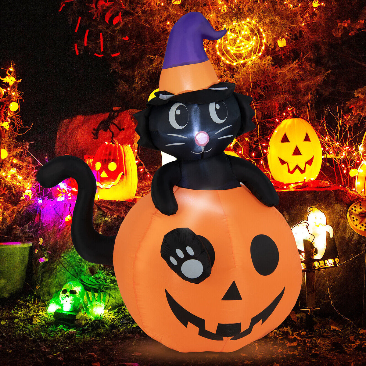 Inflatable Halloween Pumpkin with Black Cat - 5 Feet Self-Inflating Decor, Indoor & Outdoor