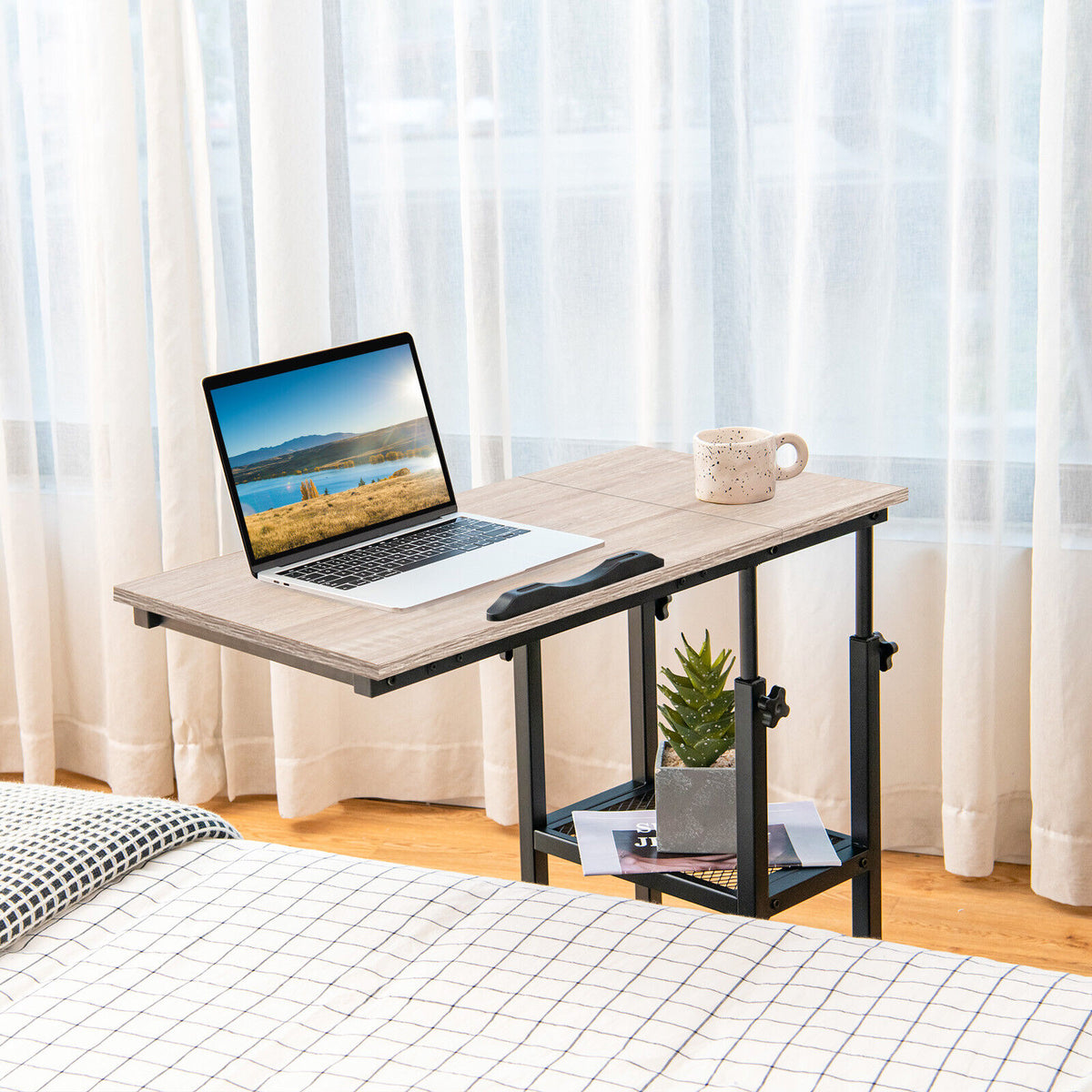 Height Adjustable C-Shaped End Table with Lockable Wheels - Rustic Brown