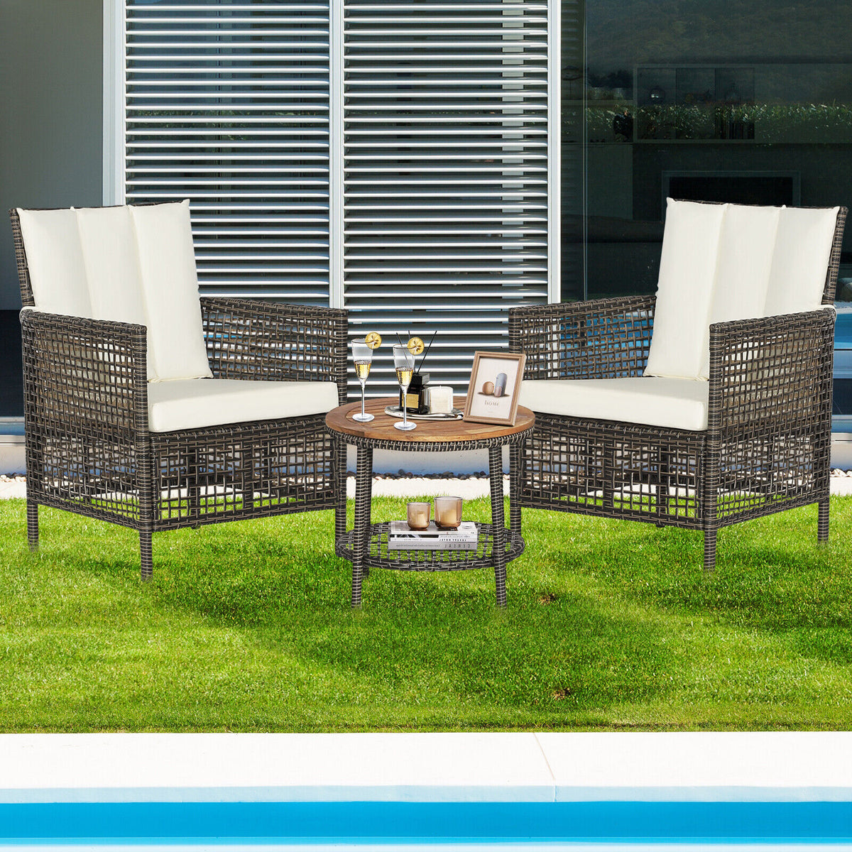 3 Pieces Patio Rattan Furniture Set with Cushioned Sofas and Wood