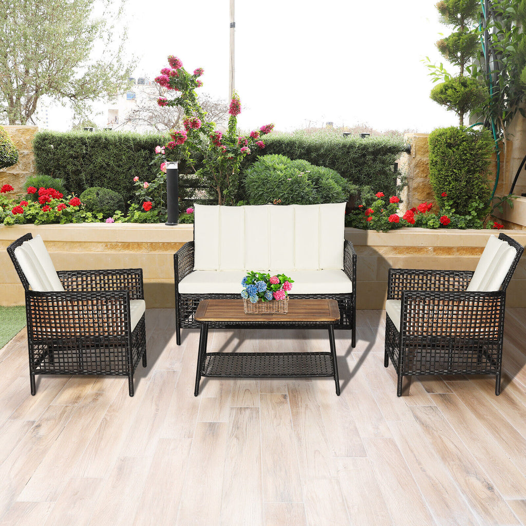 4 Pieces Patio Rattan Furniture Set with 2-Tier Coffee Table
