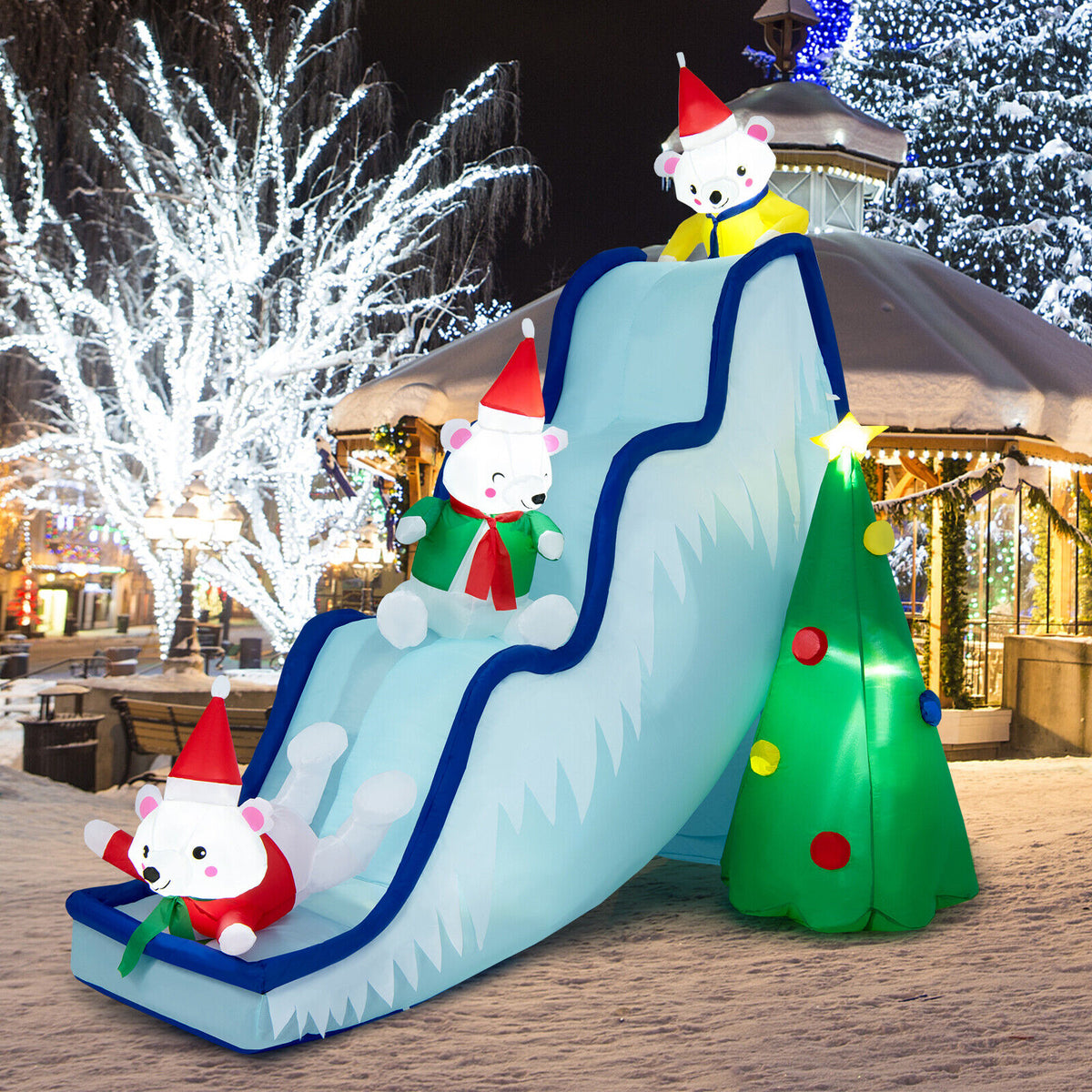 Inflatable Polar Bear Slide Scene Decoration with LED Lights - Outdoor Christmas Yard Decor