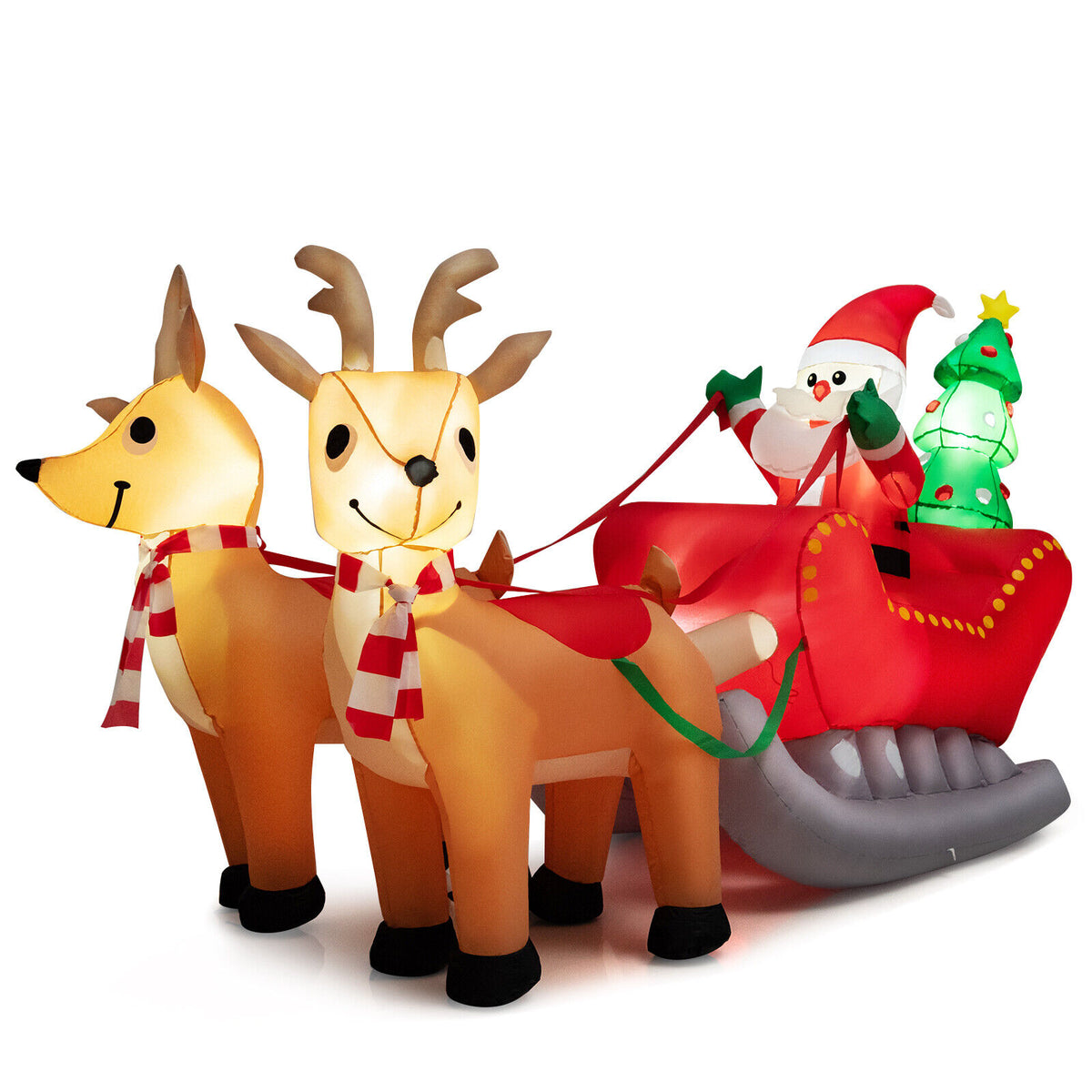 Inflatable Santa on Reindeer Sleigh with LED Lights - 7.2 Feet Christmas Yard Decor - Reindeer Pulling Style