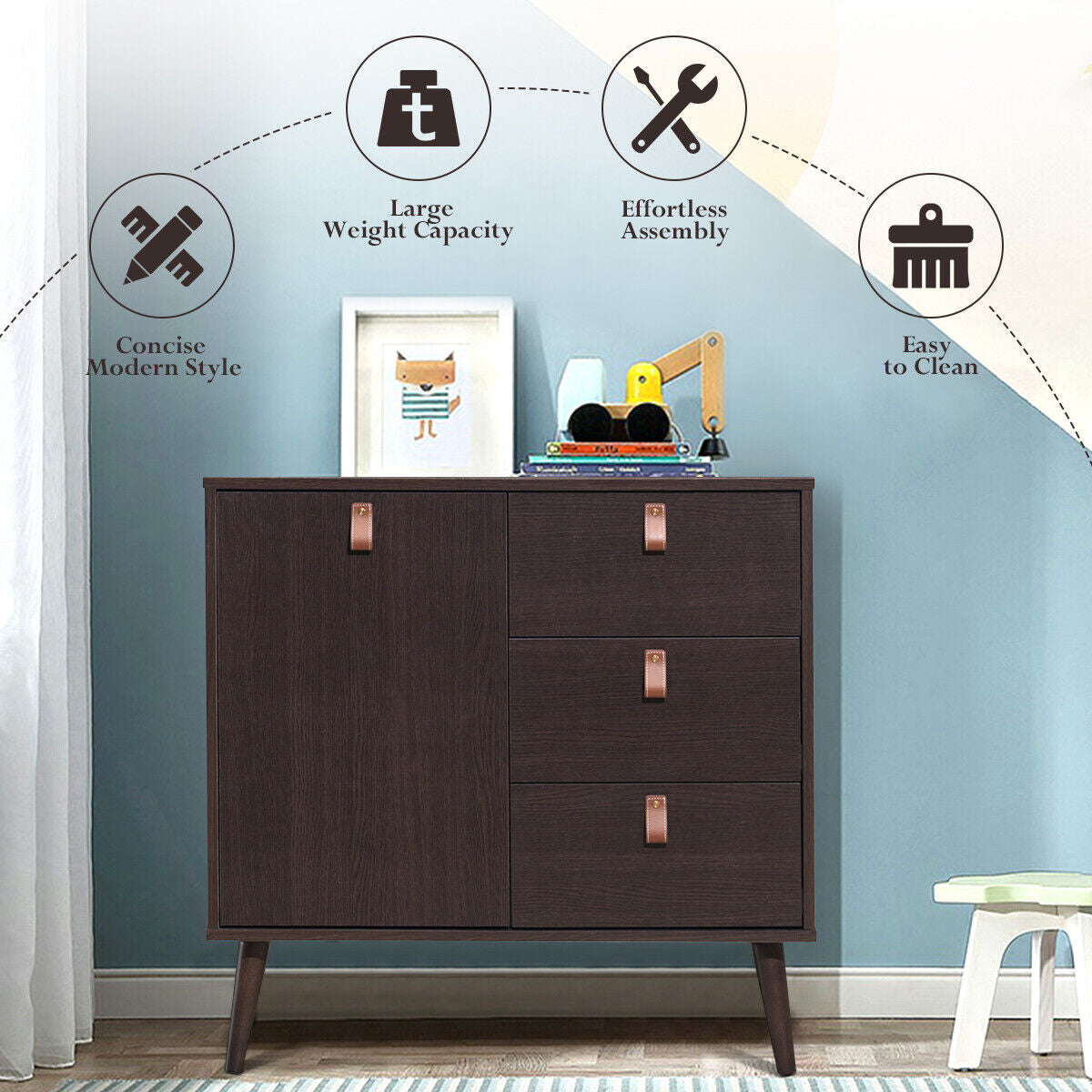 3-Drawer Sideboard Storage Display Cabinet, Brown