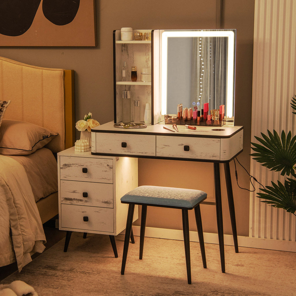 Makeup Vanity Table with Lighted Mirror, White