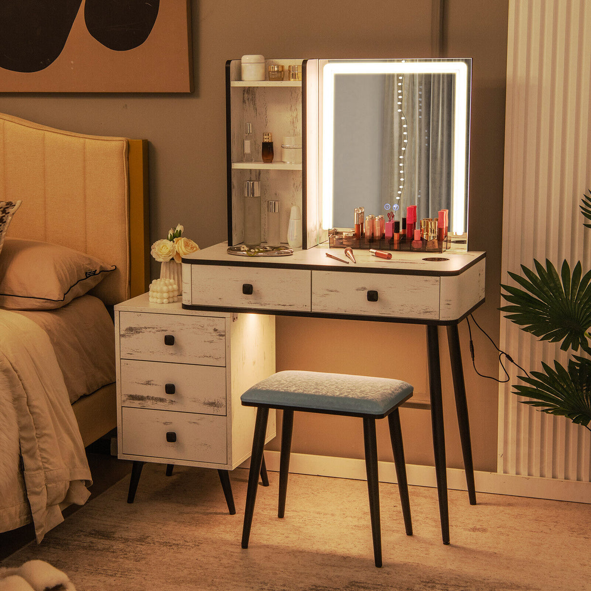 Makeup Vanity Table with Lighted Mirror, White