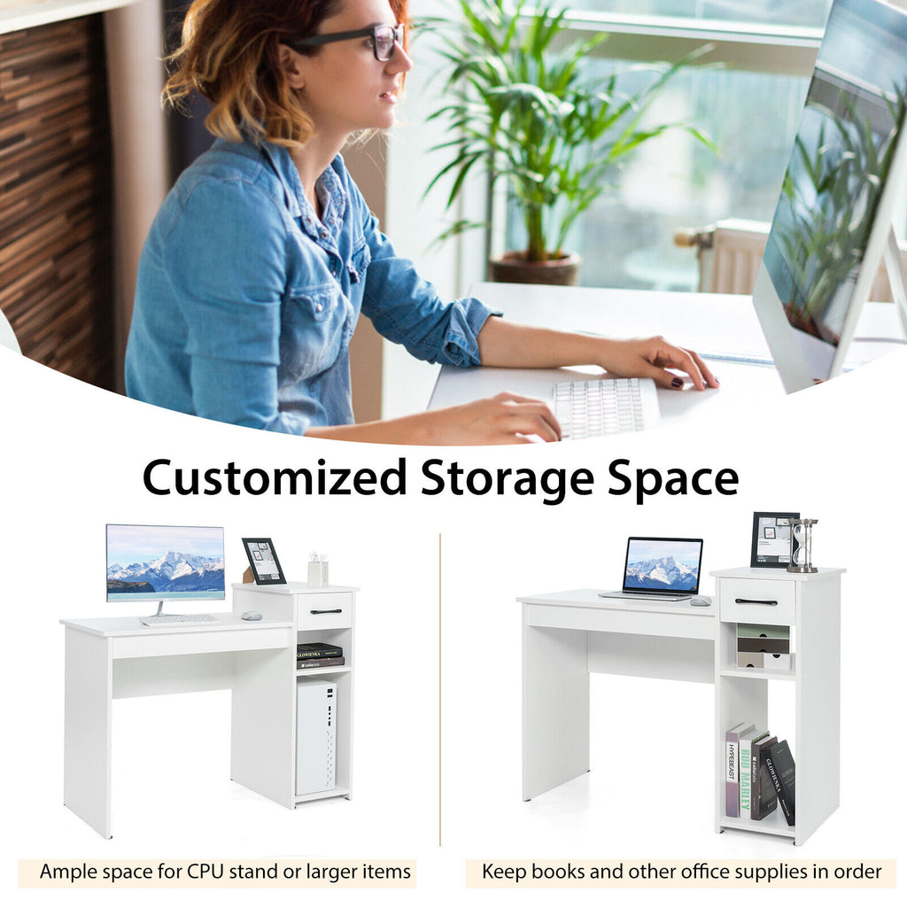 Compact Computer Desk with Drawer and CPU Stand, White