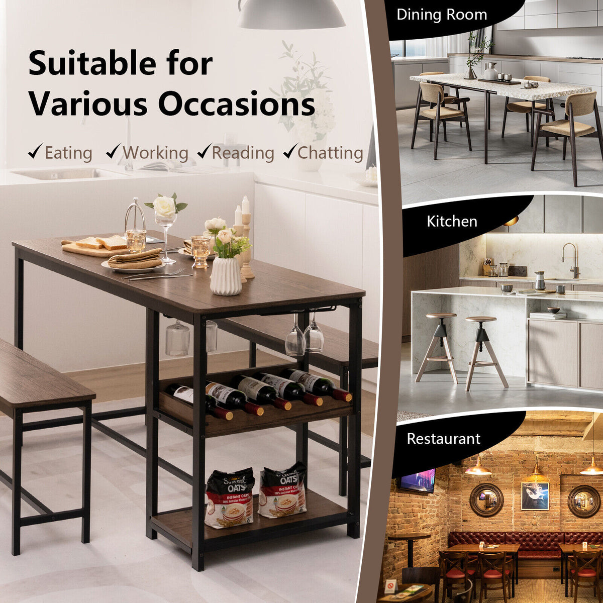 3-Piece Dining Table Set with Wine Rack - Brown