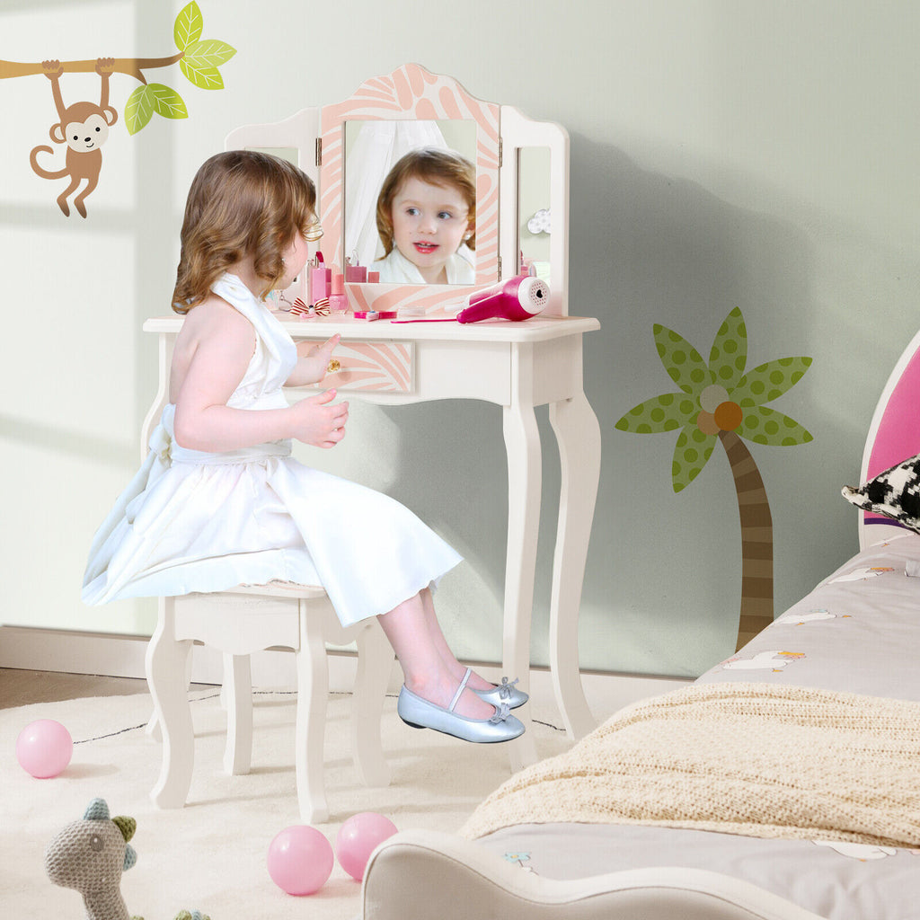 Kids Vanity Table Set with Tri-Fold Mirror - Pink, 2-in-1 Dressing & Writing Desk