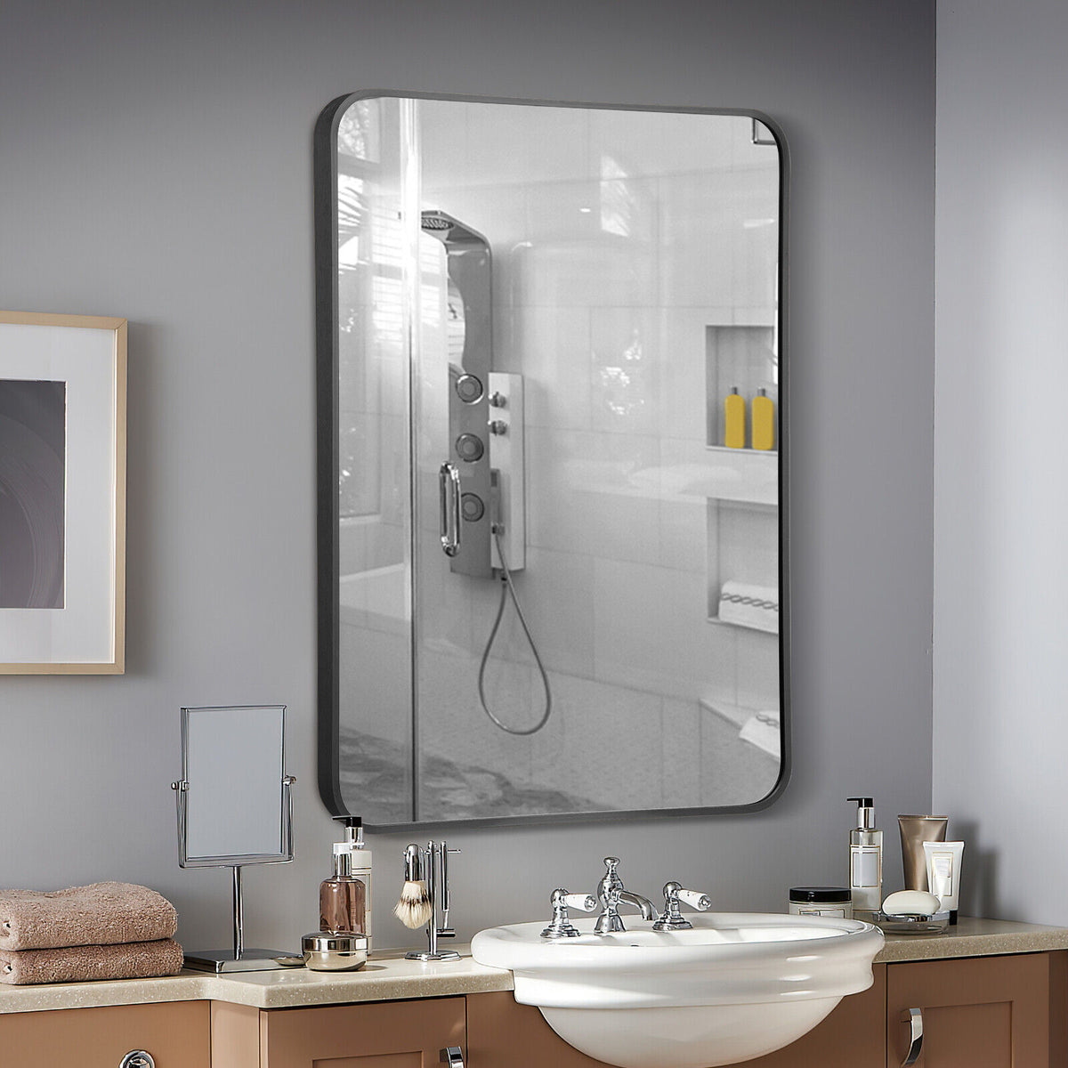 Costway Black Metal Framed Bathroom Mirror with Rounded Corners
