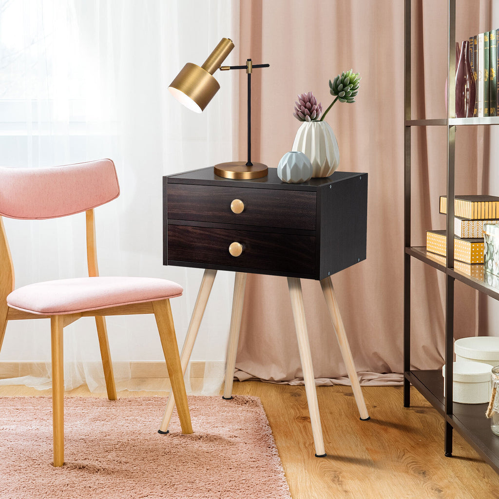 Midcentury Modern Bedside Table with 2 Drawers, Brown