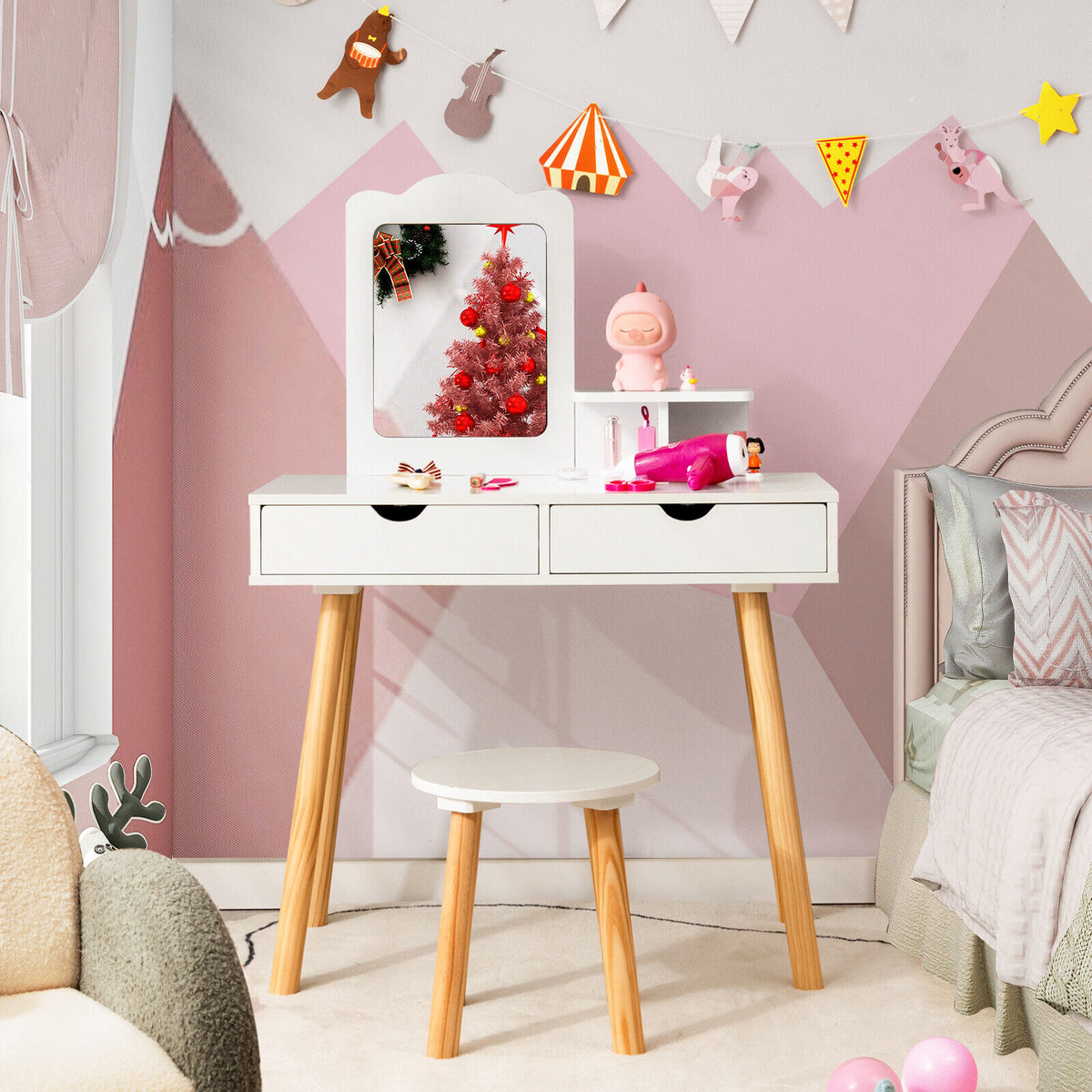 Kids Vanity Table and Chair Set with Mirror & 2 Storage Drawers - White, 3-7 Years