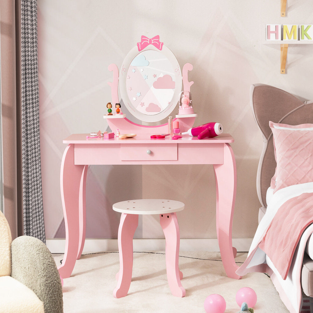 Kids Vanity Table Stool Set with Pink Storage Drawer & Rotatable Mirror - Costway