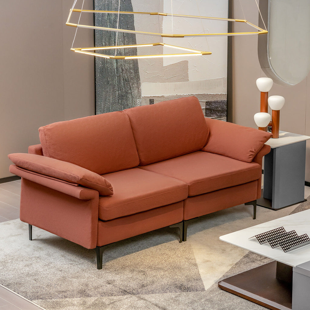 Rust Red Loveseat Sofa with Metal Legs & Armrest Pillows