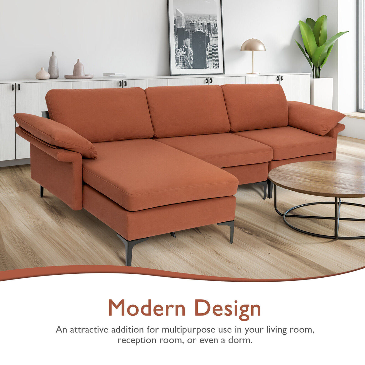 3-Seat L-Shaped Sectional Sofa with Reversible Chaise, Rust Red