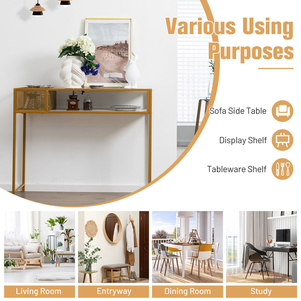 Faux Marble Console Table with Wire Basket for Entryway