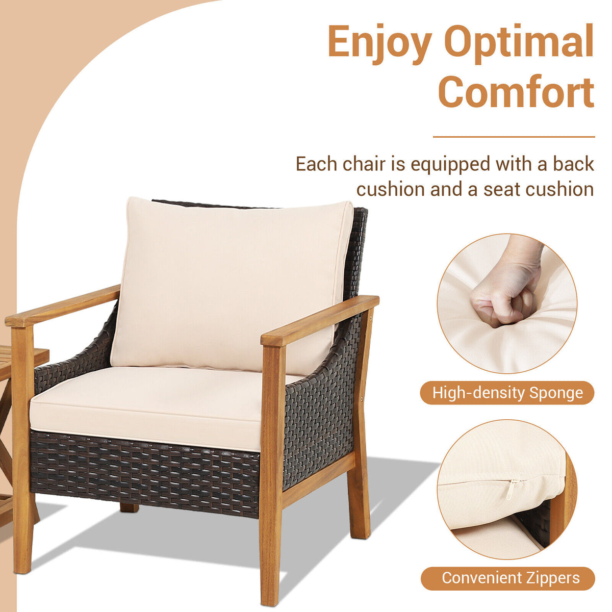 3 Pieces Patio Wicker Furniture Set with 2-Tier Side Table and