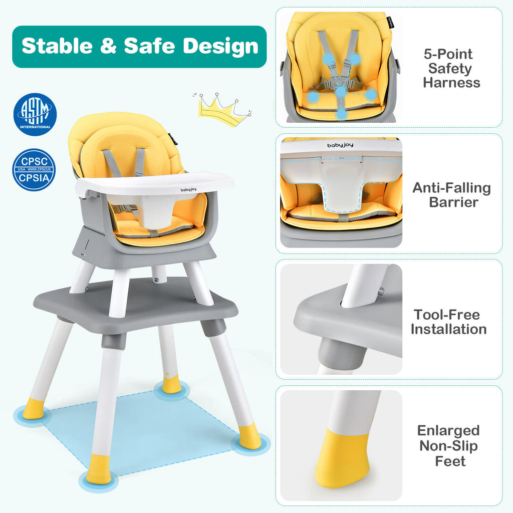Yellow 8-in-1 Convertible Baby High Chair with Removable Tray & Adjustable Height