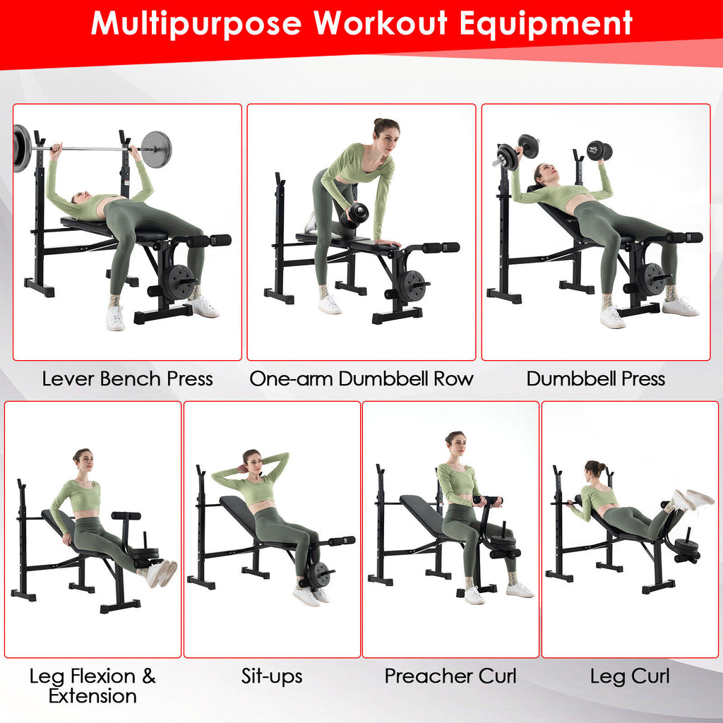 Adjustable Weight Bench and Barbell Rack Set with Weight Plate Post - Home Gym Equipment
