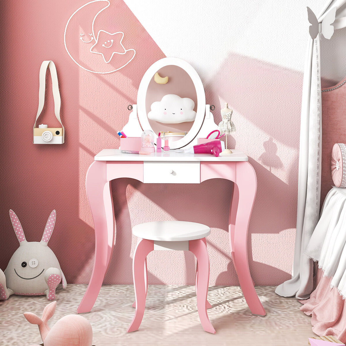 Kids Vanity Set with Rotatable Mirror & Play Accessories - Elliptical Style