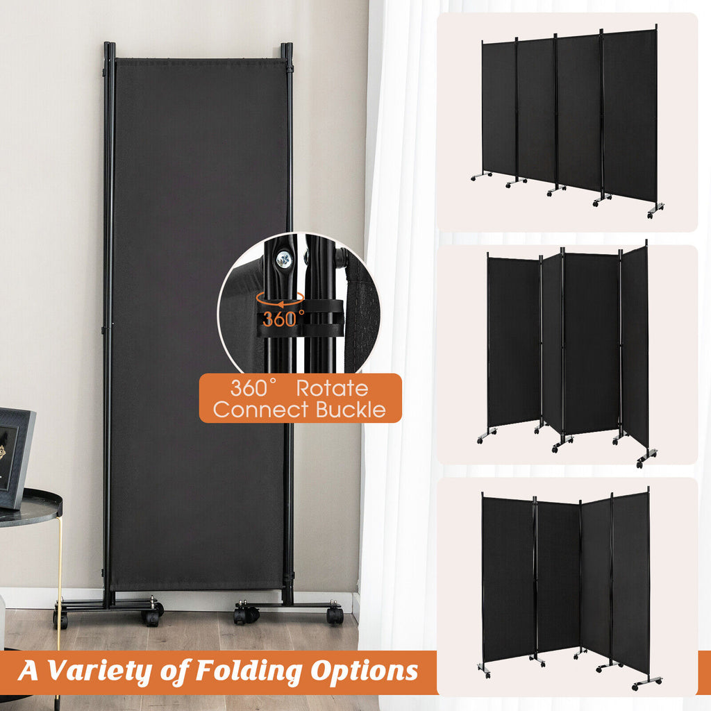4-Panel Folding Room Divider Privacy Screen with Lockable Wheels - Black, 4 Panels & Wheels
