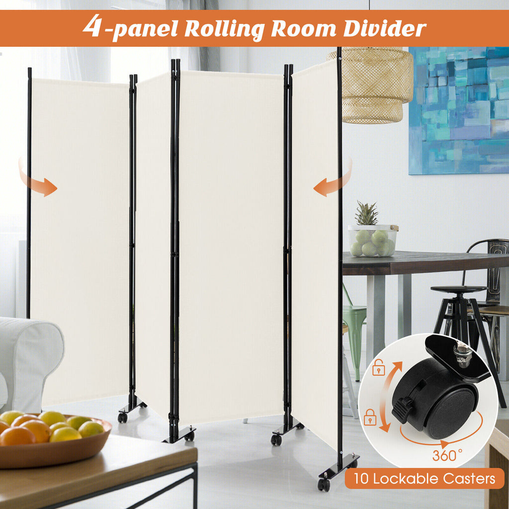 4-Panel Folding Room Divider Privacy Screen with Lockable Wheels – White, 4 Panels & Wheels
