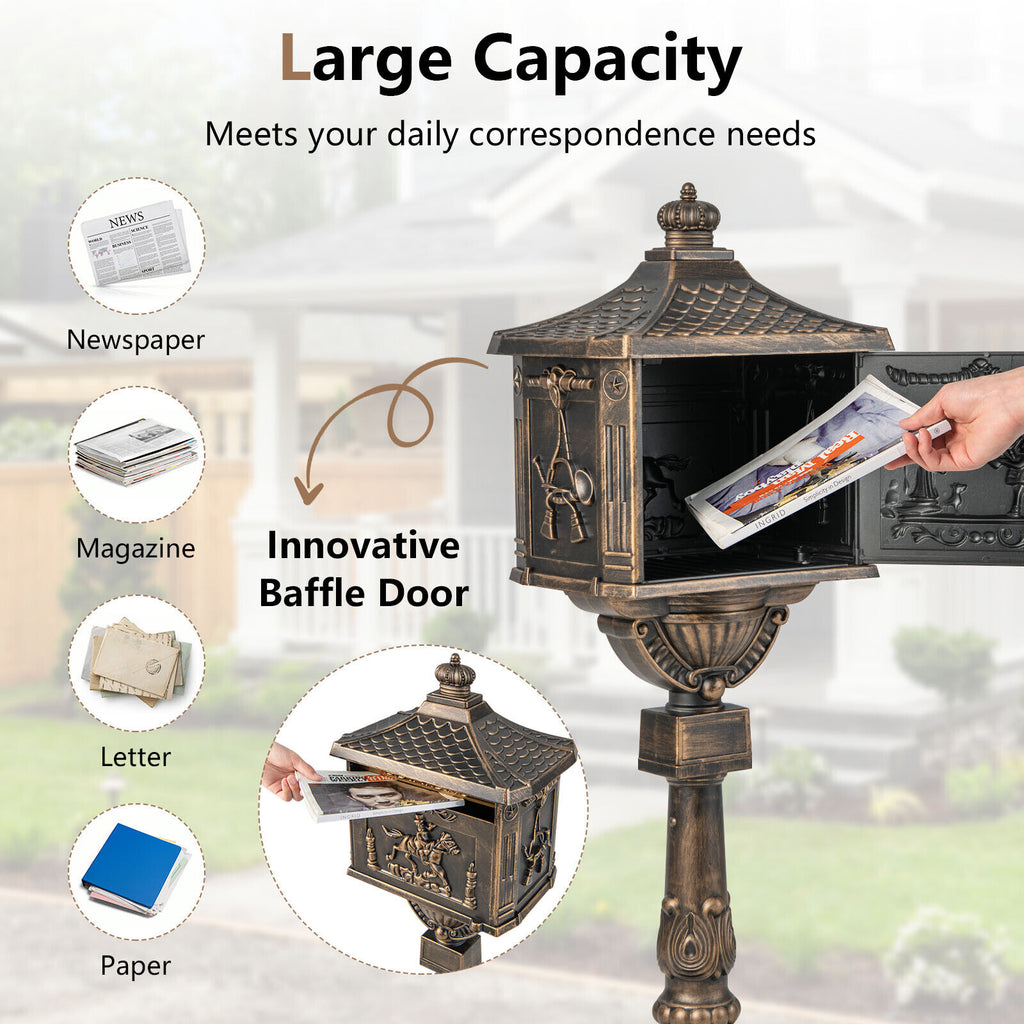 Bronze Retro Cast Aluminum Mailbox with Lockable Door & Baffle