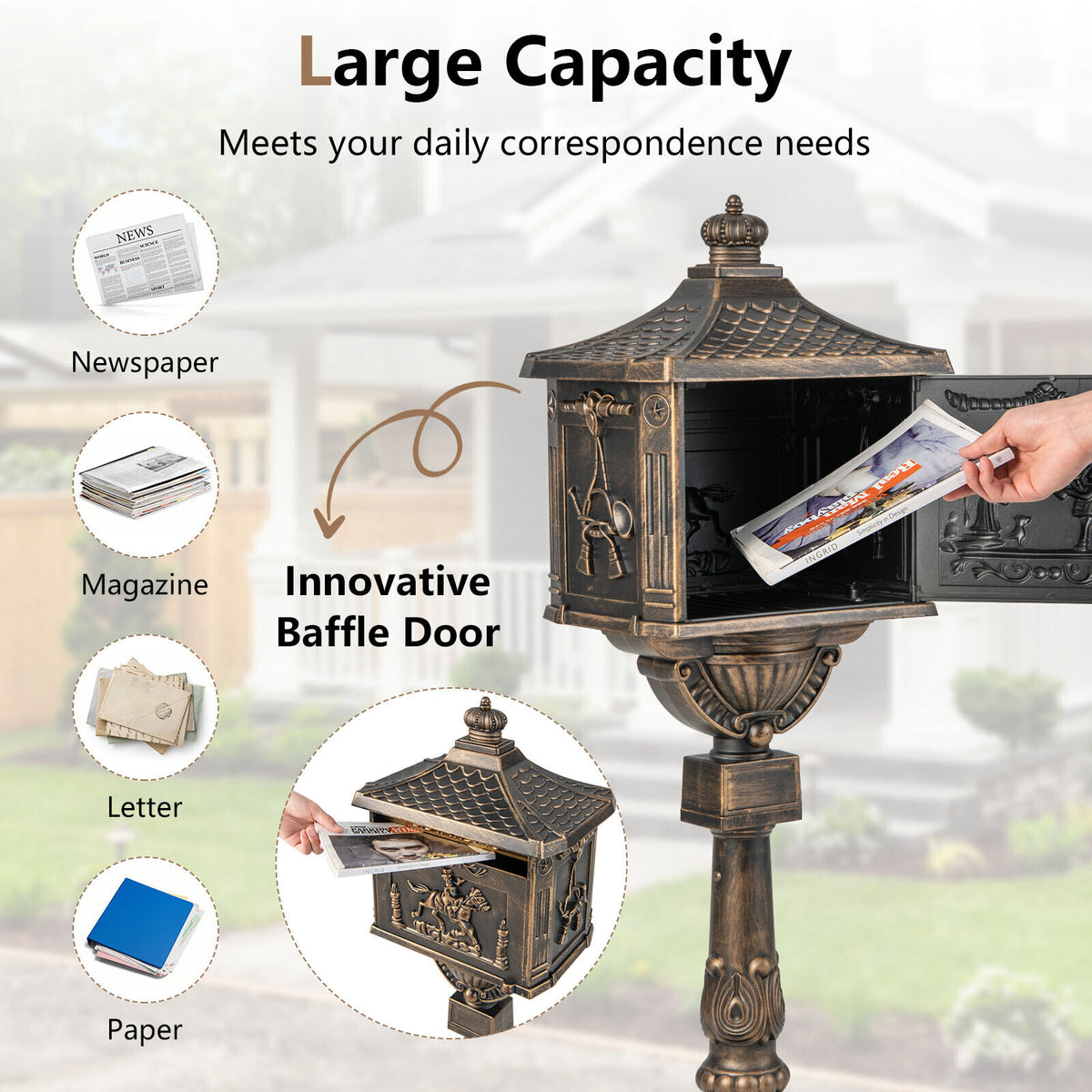 Bronze Retro Cast Aluminum Mailbox with Lockable Door & Baffle