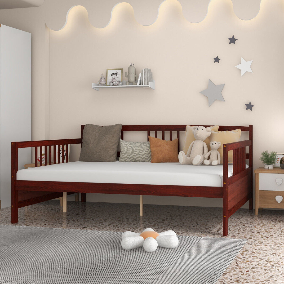 Wooden Full Size Daybed Frame with Guardrails - Brown