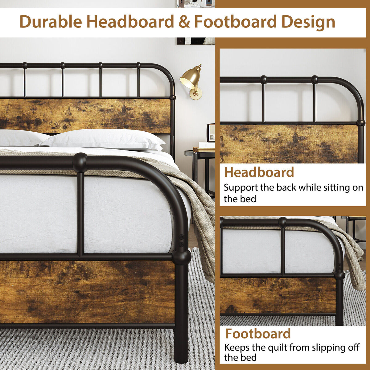 Queen Size Industrial Metal Platform Bed Frame with Headboard - Coffee