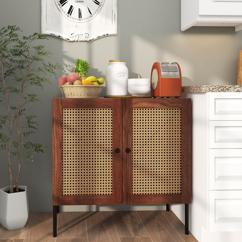 Rattan Storage Sideboard with Adjustable Shelf - Walnut
