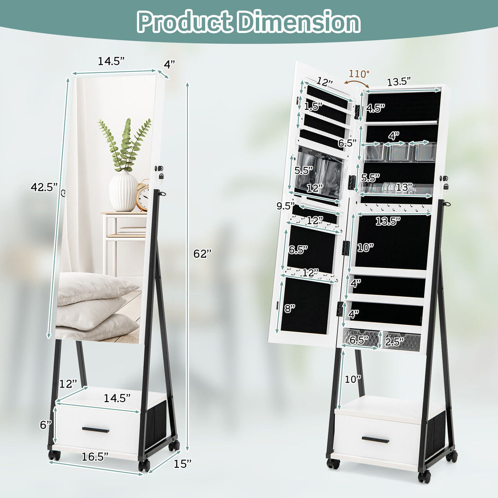 Jewelry Cabinet with Full-Length Mirror - White