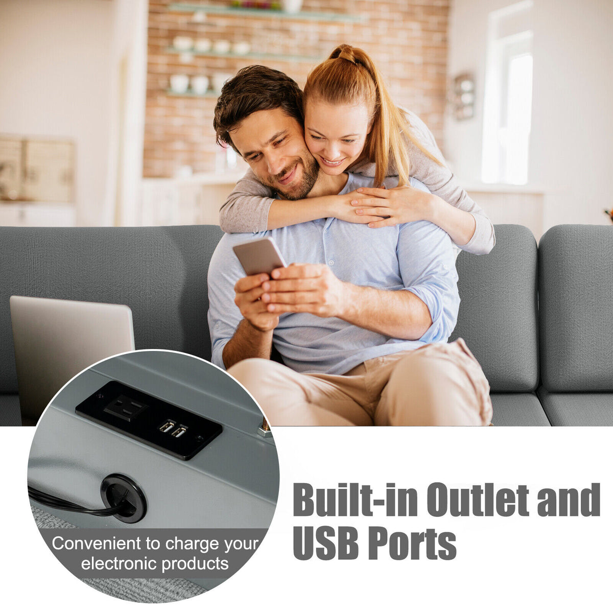 Modular L-Shaped Sectional Sofa with Reversible Ottoman & USB Ports - Gray