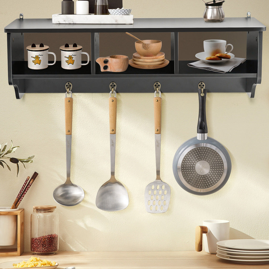 Wall Mount Hooks Shelf for Entryway Storage - Black