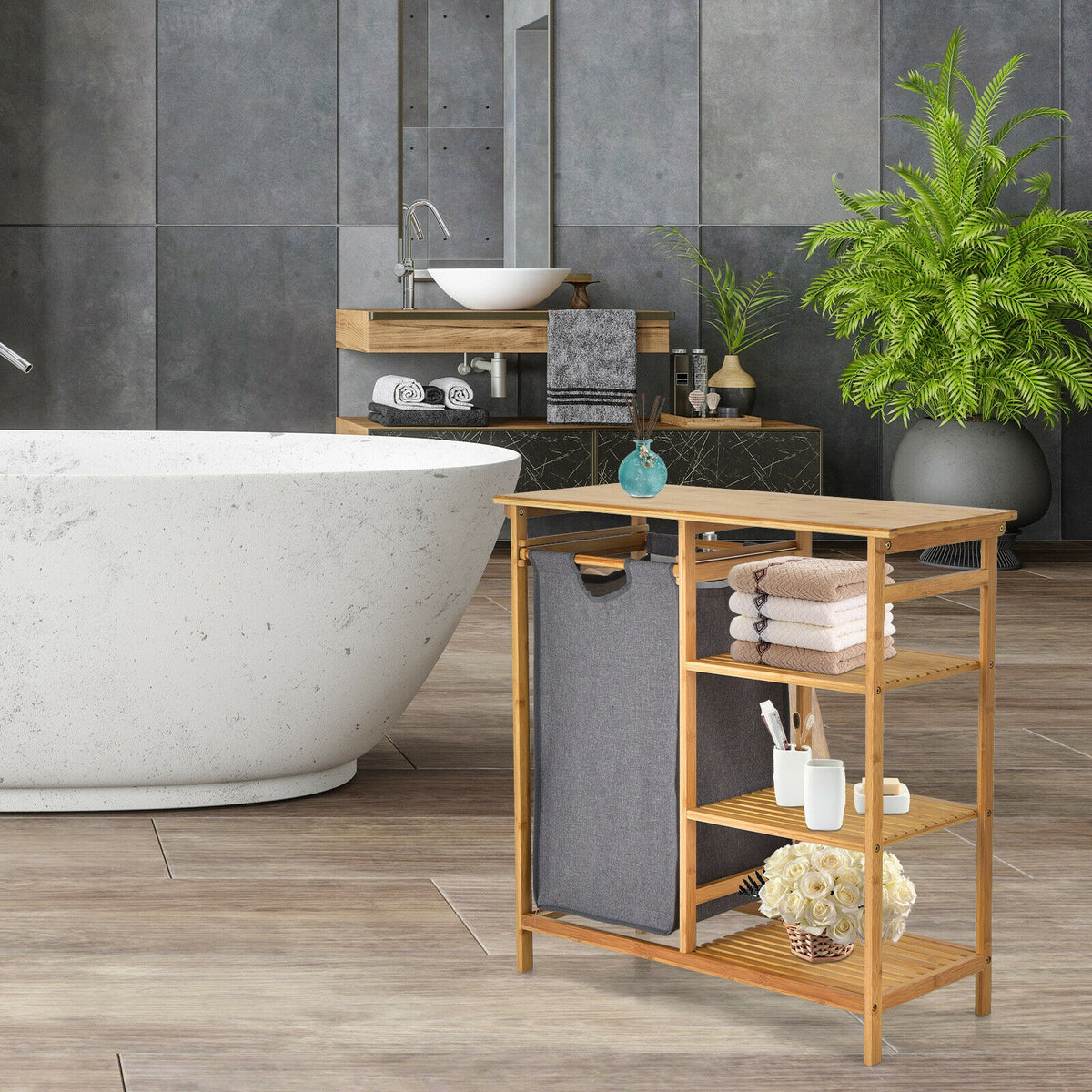 Bamboo Laundry Hamper Stand with Removable Sliding Bag and 3-Tier