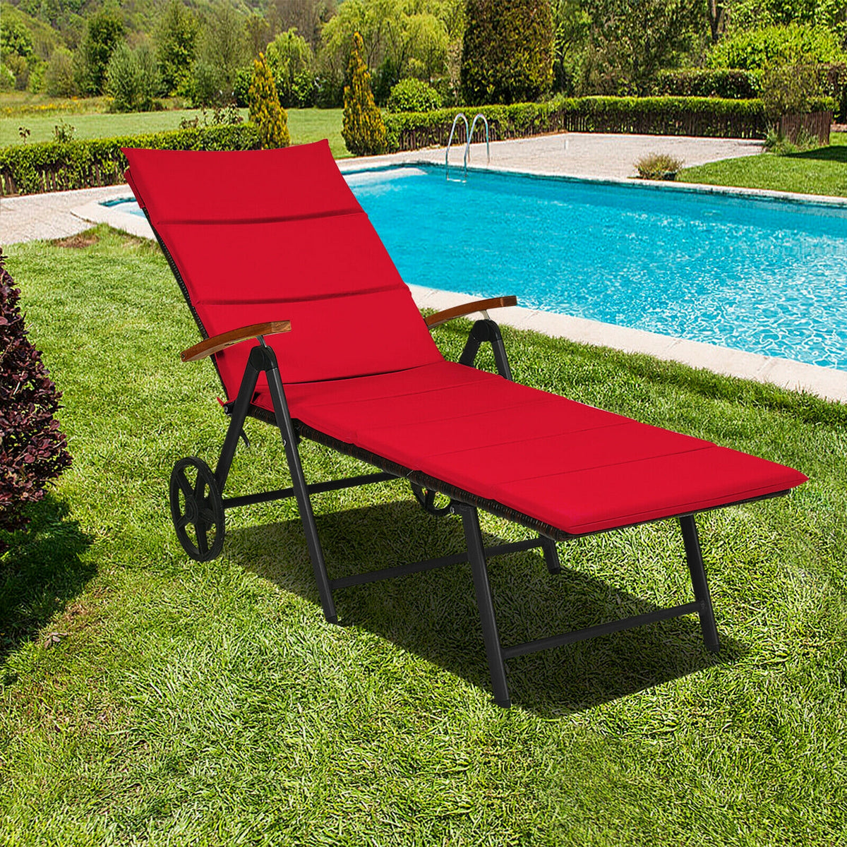 Folding Patio Rattan Lounge Chair with Wheels - Red