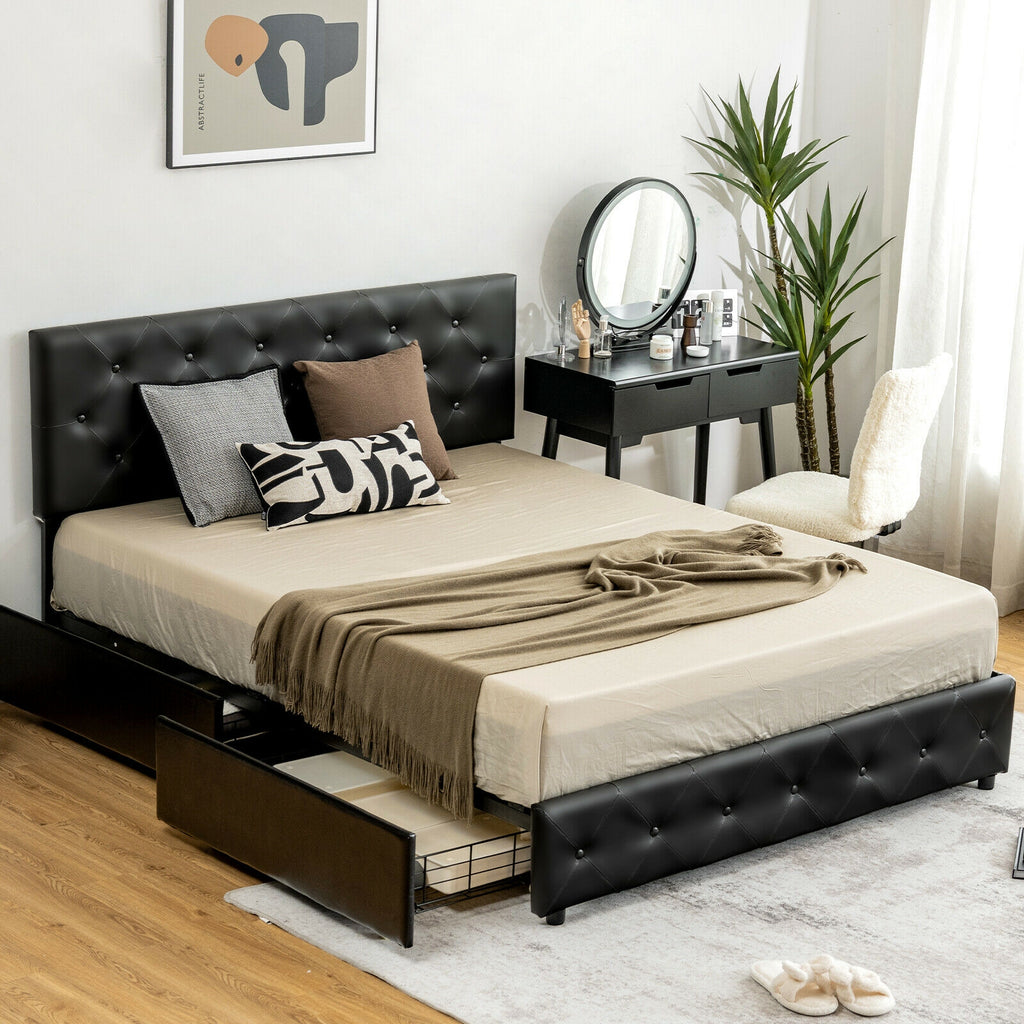 Full Size PU Leather Platform Bed with 4 Storage Drawers