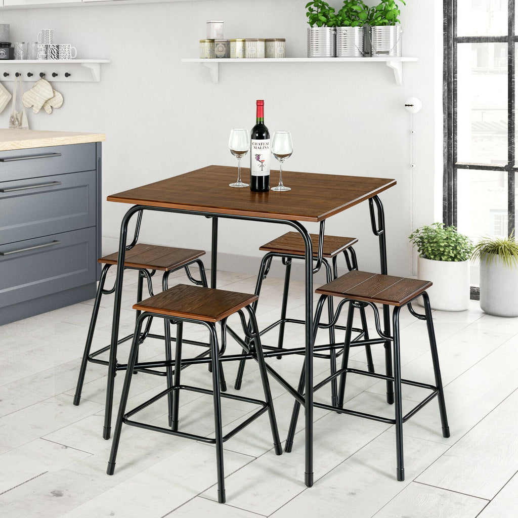 5-Piece Bar Table Set with 4 Counter Height Stools - Rustic Brown
