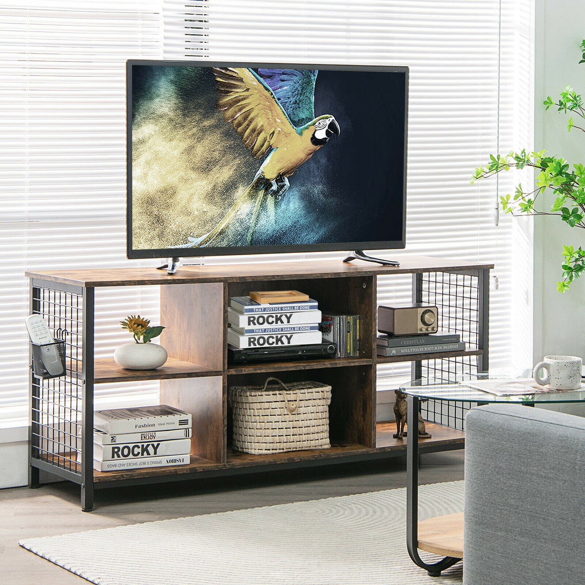 Mid-Century TV Stand 65 inch with Storage Basket, Rustic Brown