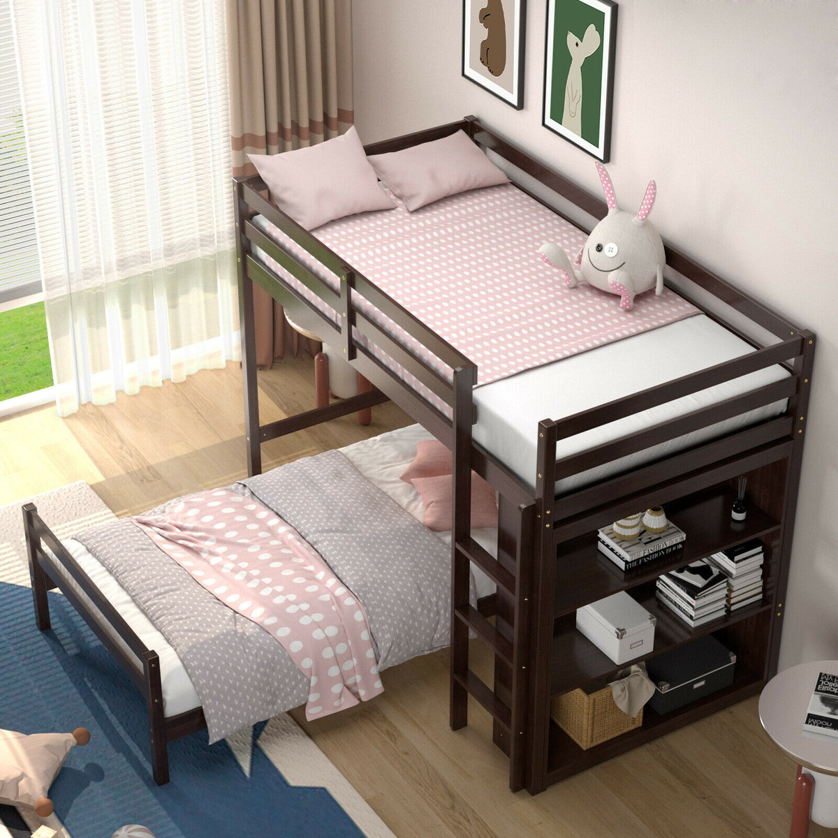 Twin Over Twin Loft Bunk Bed with Bookcase - Dark Brown