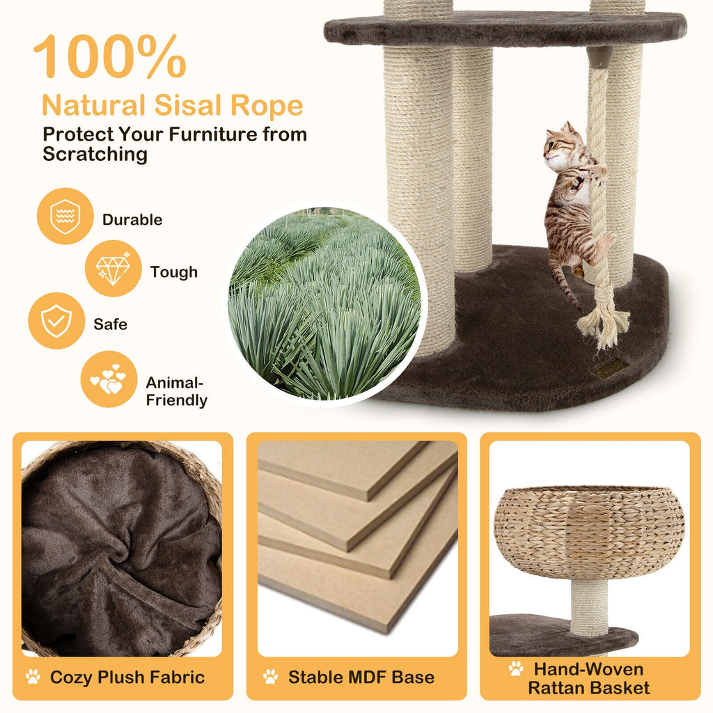 41 Inch Rattan Cat Tree with Napping Perch - Brown