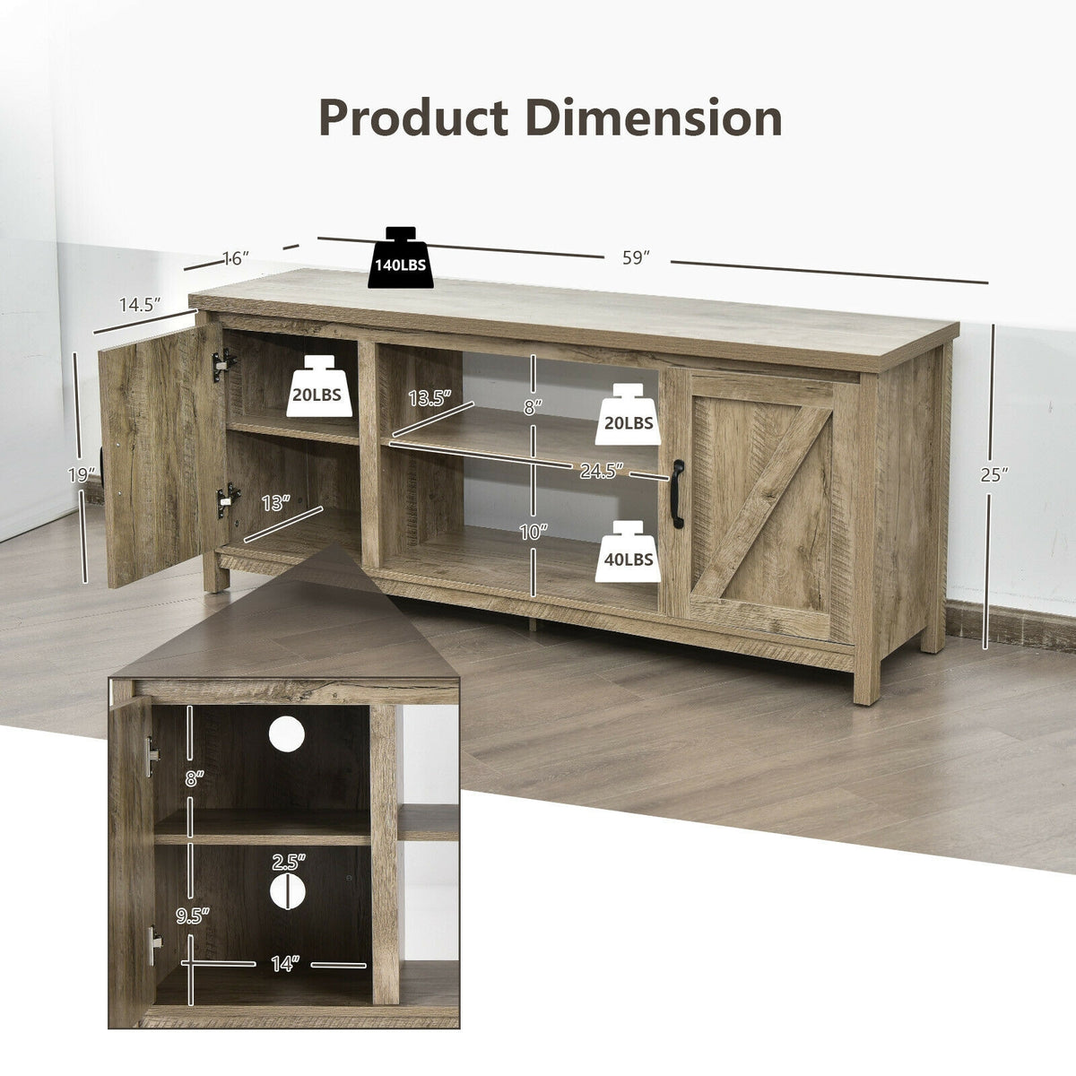59 Inch Barn Door TV Console Table with Storage - Natural
