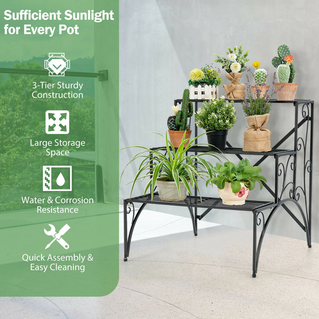 3-Tier Metal Plant Stand with Widened Grid Shelf for Porch Garden