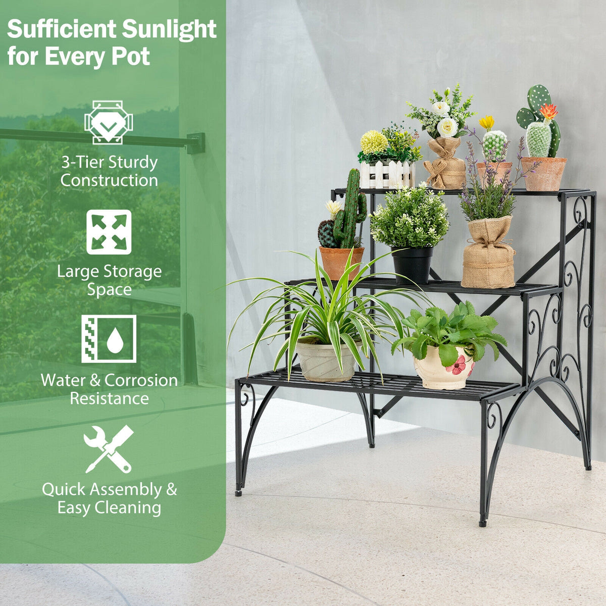 3-Tier Metal Plant Stand with Widened Grid Shelf for Porch Garden