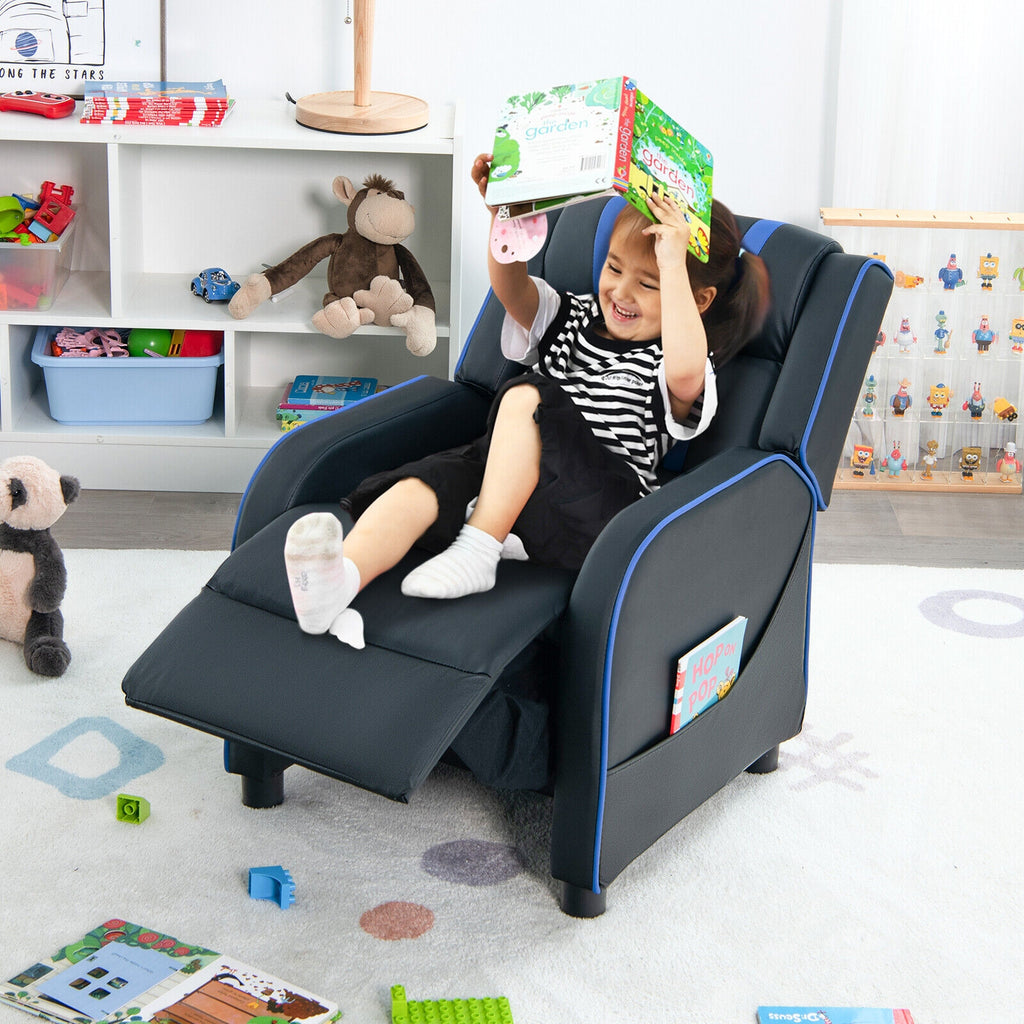 Kids Recliner Chair with Side Pockets & Footrest - Style G, Blue