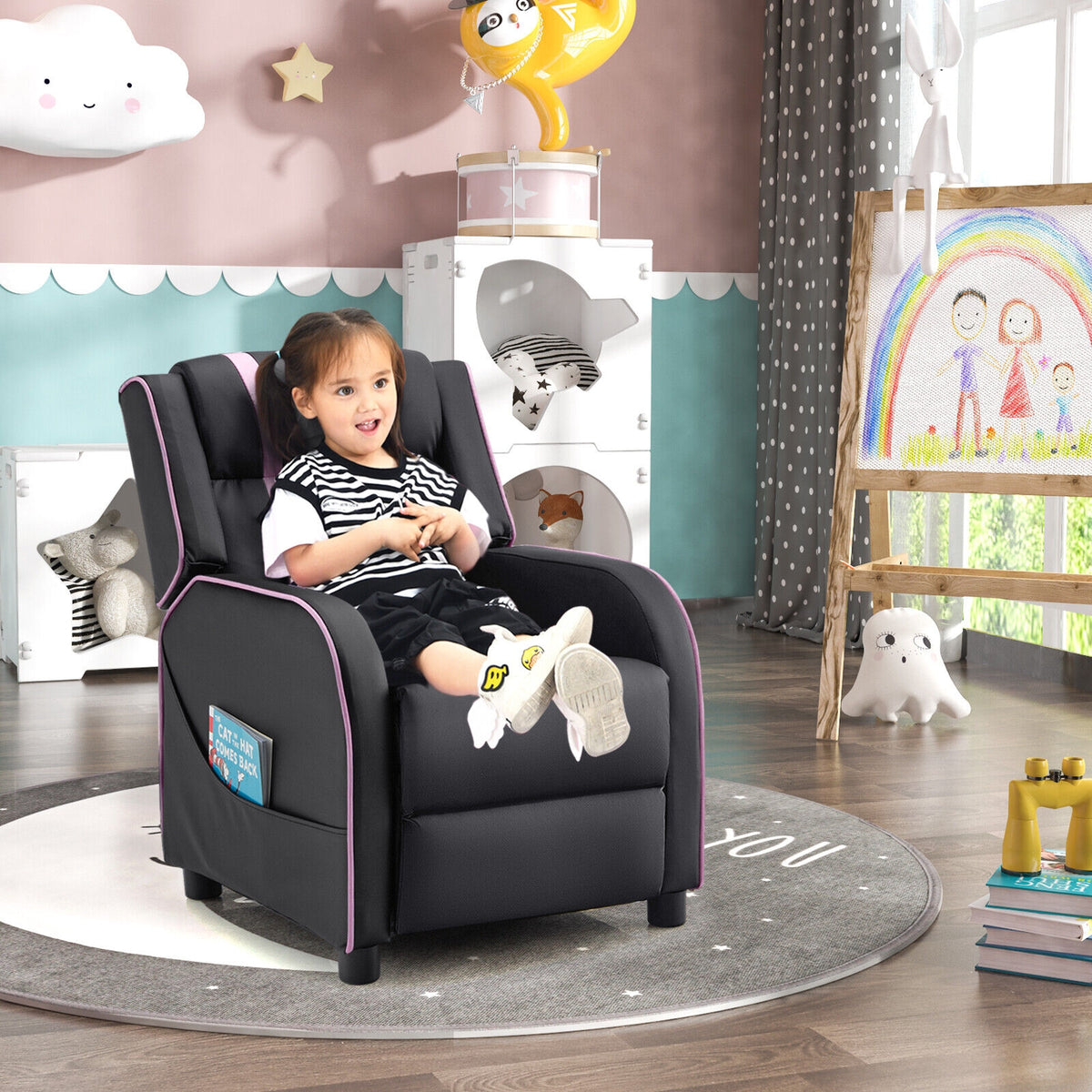 Kids Recliner Chair with Side Pockets & Footrest - Style G Pink