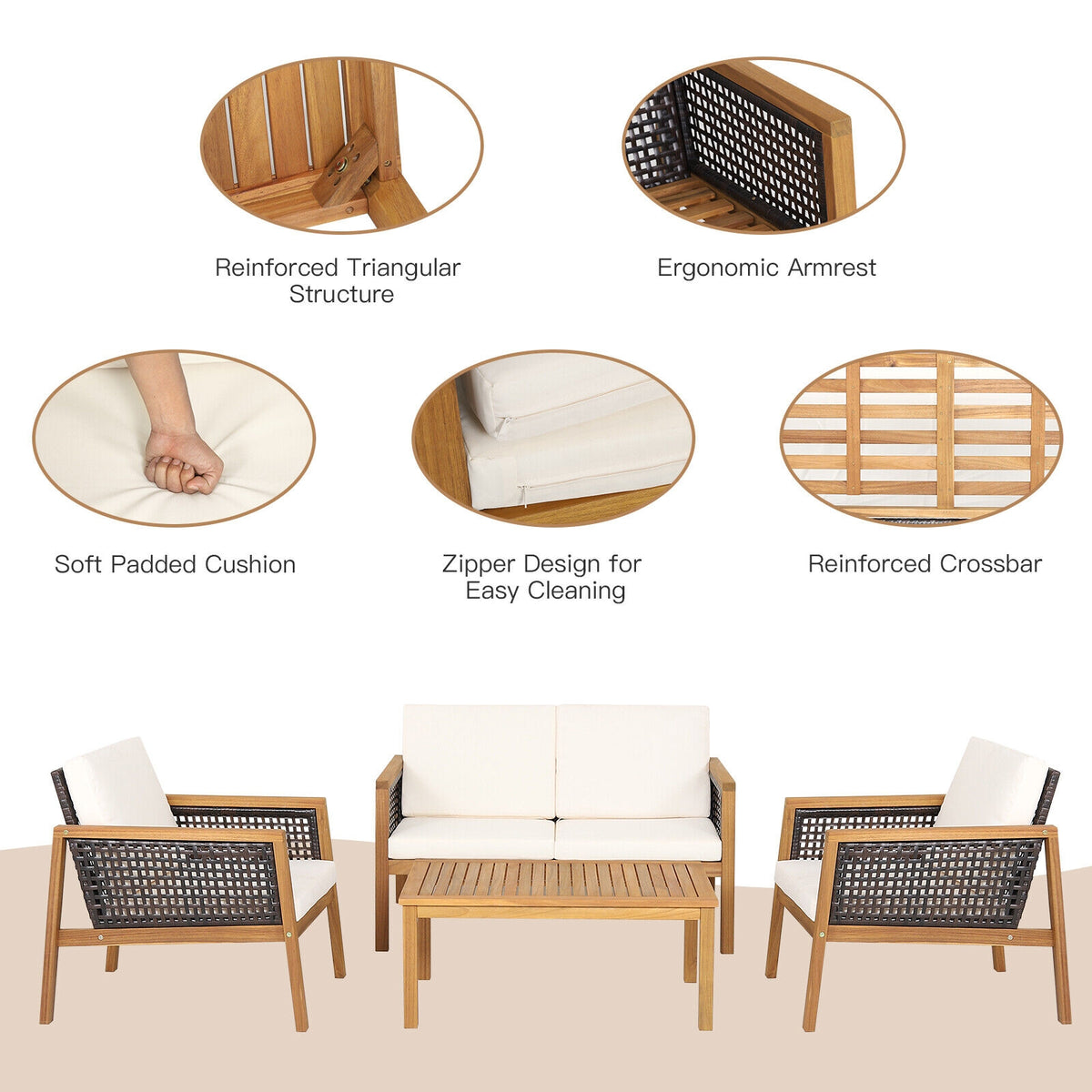 4 Pieces Patio Rattan Furniture Set with Removable Cushions