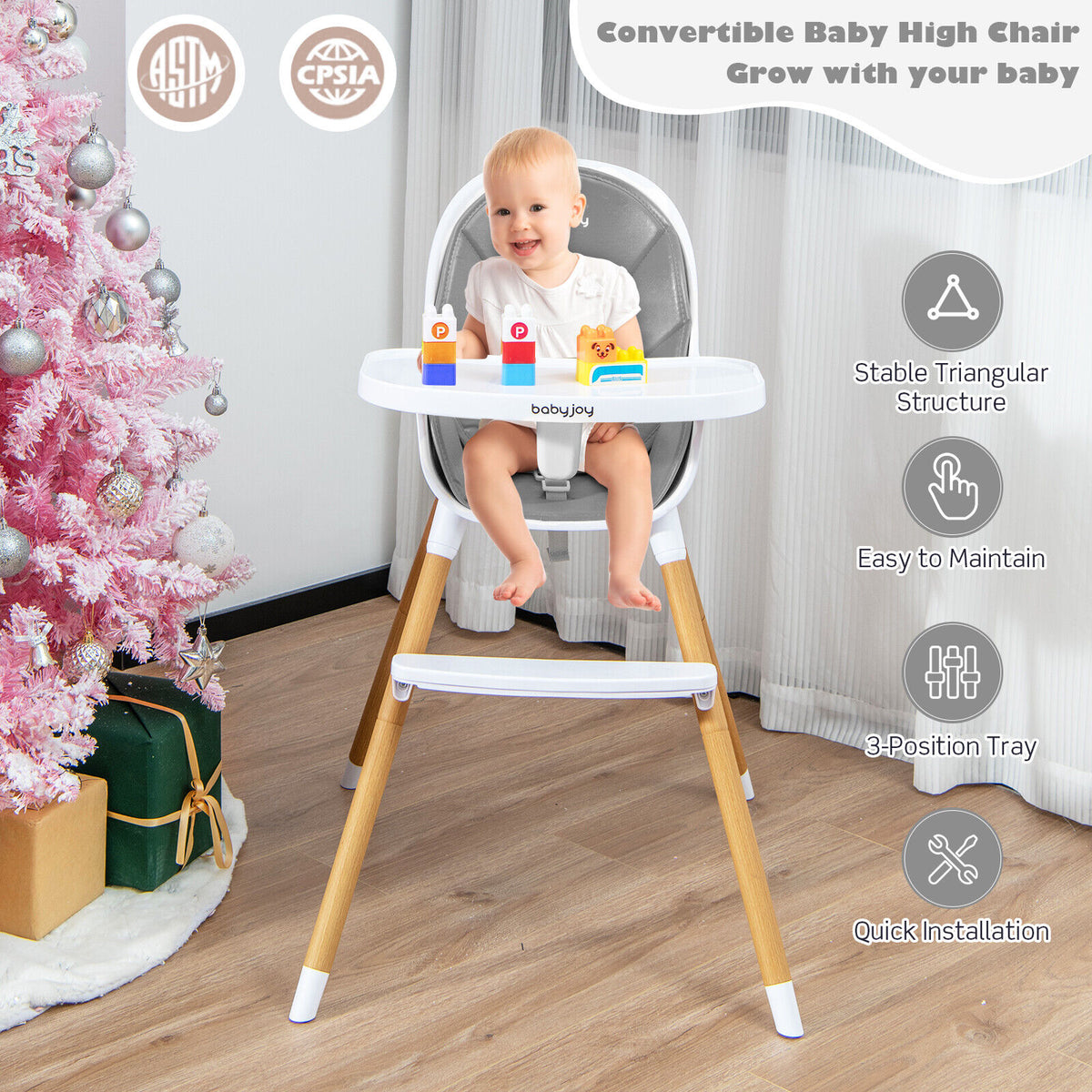 4-in-1 Convertible Baby High Chair Infant Feeding Chair Gray - Adjustable & Safe