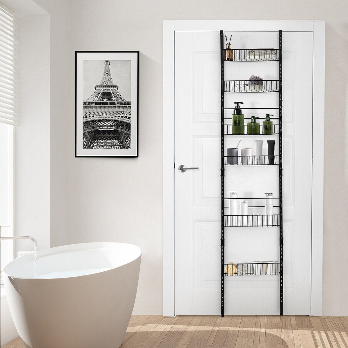 Over the Door Pantry Organizer Rack with Adjustable Hooks and 6 Baskets - Kitchen & Storage