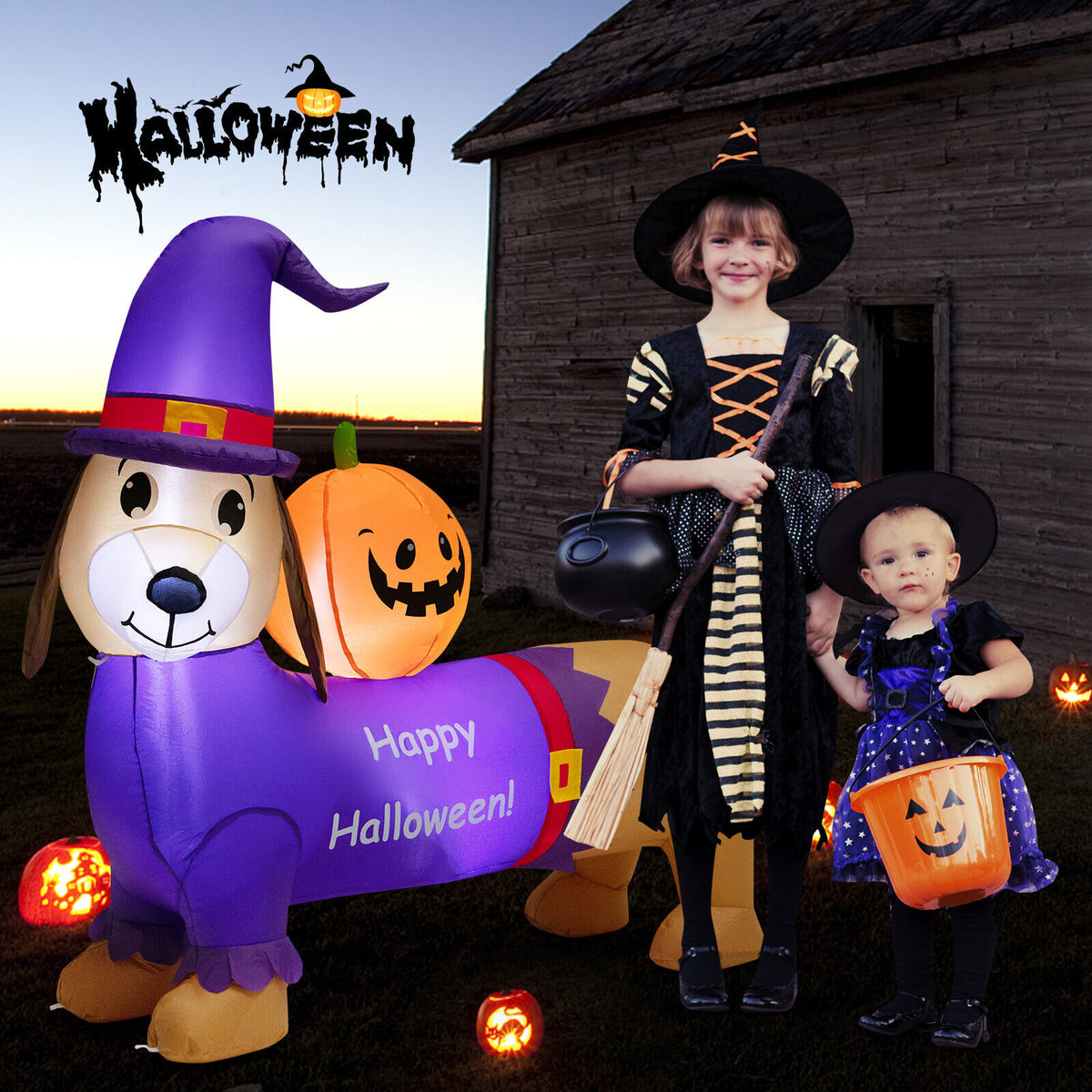 Halloween Inflatable Dachshund Dog with Pumpkin and LED Lights - Yard Decoration