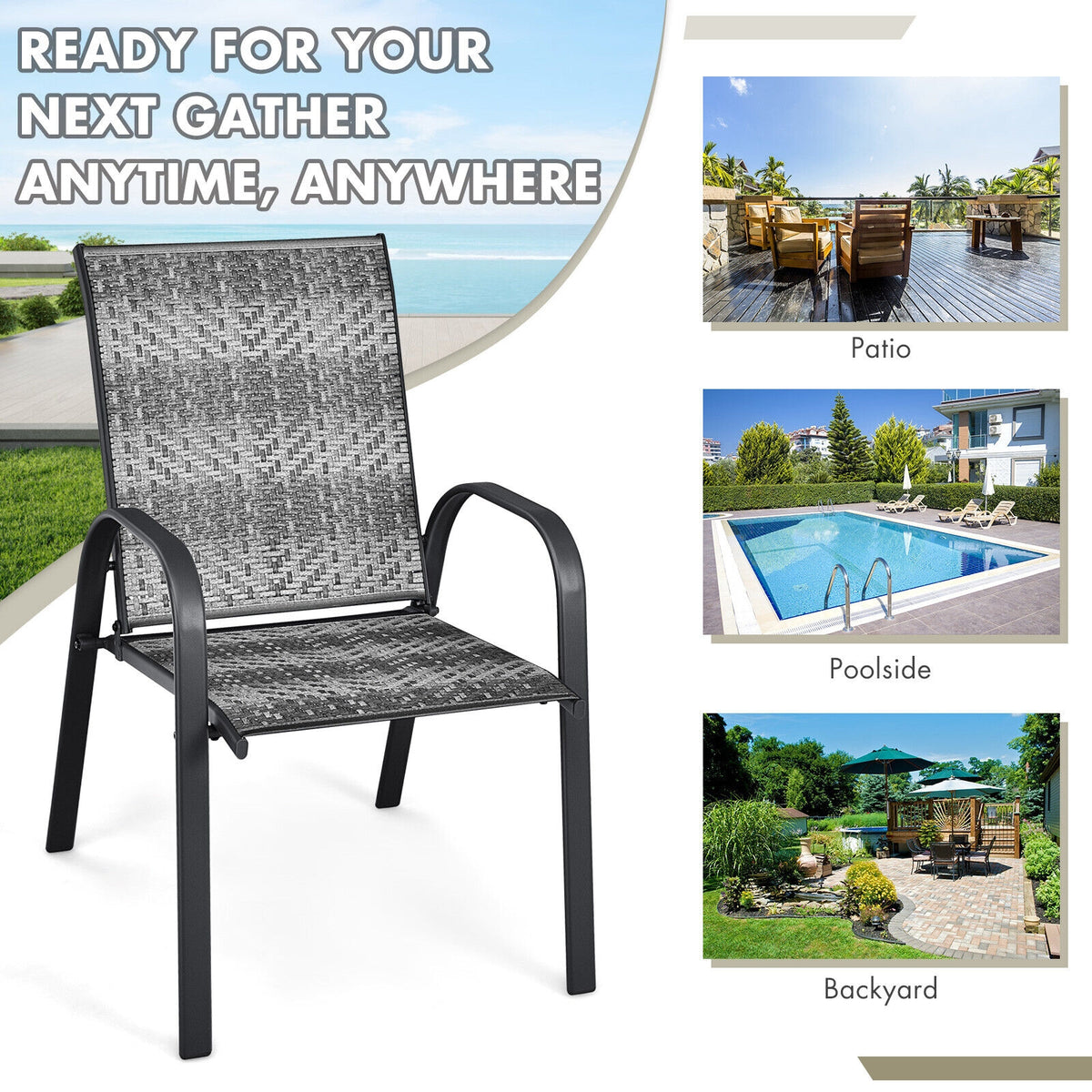 Outdoor Wicker Stackable Chairs Set of 6 - Gray